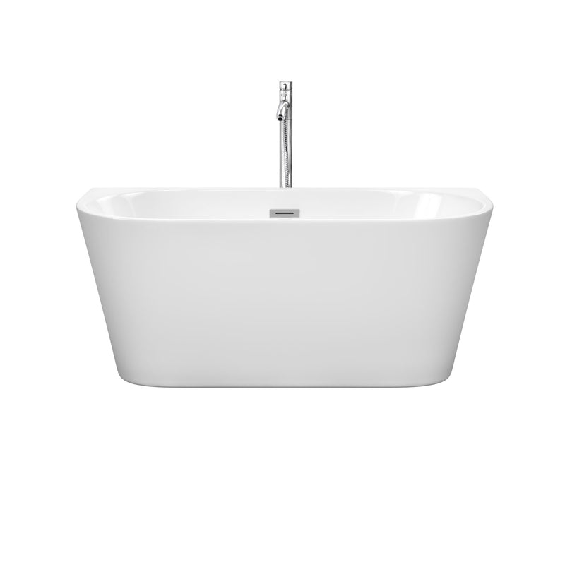 Wyndham Callie Soaking Bathtub in White with Floor Mounted Faucet Drain and Overflow Trim in Polished Chrome WCBTM153459ATP11PC