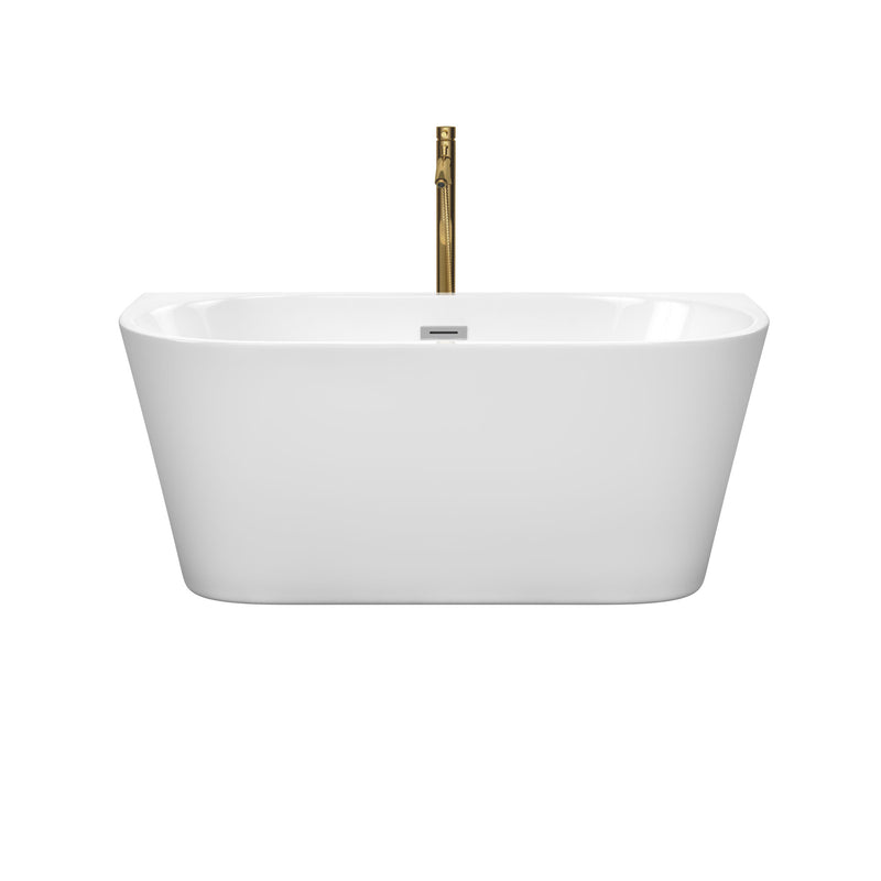 Wyndham Callie Soaking Bathtub in White with Polished Chrome Trim and Floor Mounted Faucet in Brushed Gold WCBTM153459PCATPGD