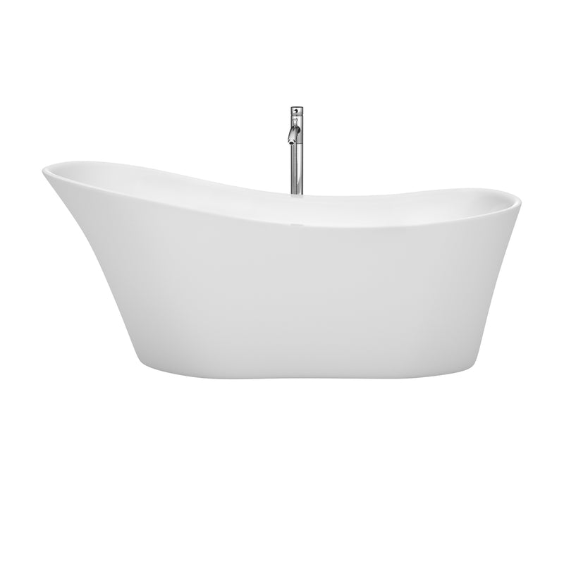 Wyndham Janice 67" Freestanding Bathtub in White with Floor Mounted Faucet Drain and Overflow Trim in Polished Chrome WCBTO85467ATP11PC