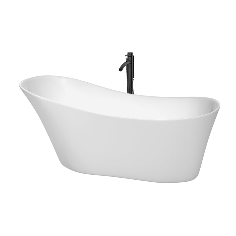 Wyndham Janice 67" Soaking Bathtub In White With Polished Chrome Trim And Floor Mounted Faucet In Matte Black WCBTO85467PCATPBK