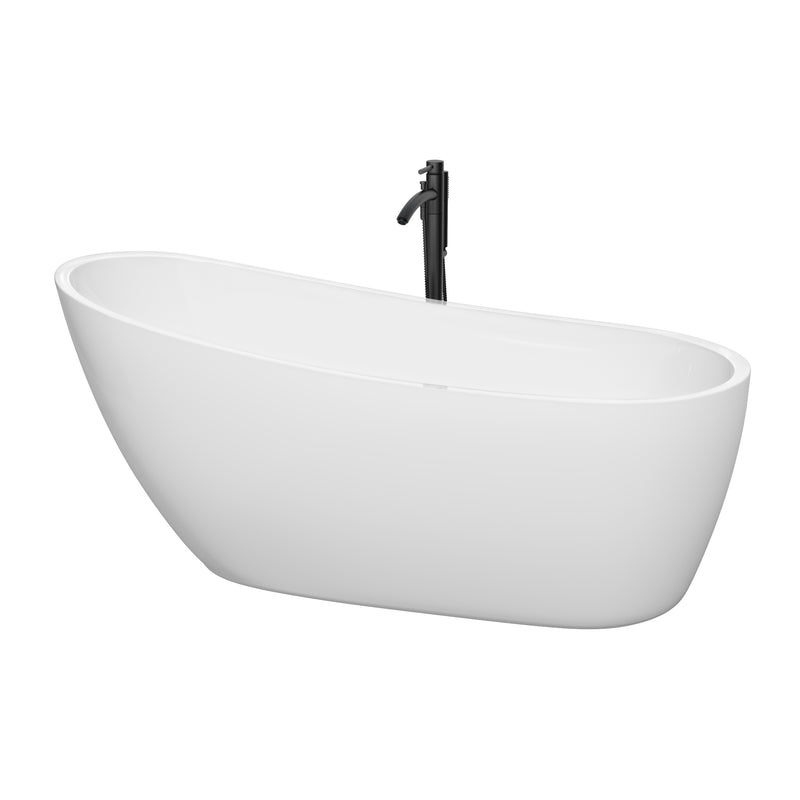 Wyndham Florence 68" Soaking Bathtub In White With Floor Mounted Faucet Drain And Overflow Trim In Matte Black WCBTO85968MBATPBK