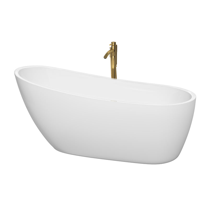 Wyndham Florence 68" Soaking Bathtub In White With Shiny White Trim And Floor Mounted Faucet In Brushed Gold WCBTO85968SWATPGD