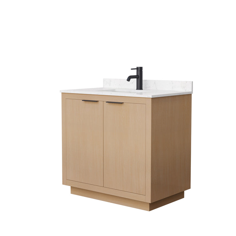 Wyndham Maroni 36" Single Bathroom Vanity In Light Straw Light-Vein Carrara Cultured Marble Countertop Undermount Square Sink Black Trims And No Mirror WCF282836SLBC2UNSMXX