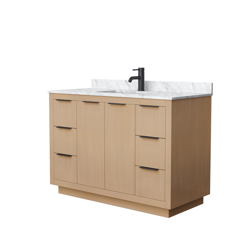 Wyndham Maroni 48" Single Bathroom Vanity In Light Straw White Carrara Marble Countertop Undermount Square Sink Black Trims And No Mirror WCF282848SLBCMUNSMXX