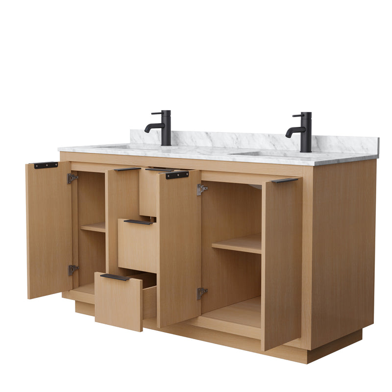 Wyndham Maroni 60" Double Bathroom Vanity In Light Straw White Carrara Marble Countertop Undermount Square Sinks Black Trims and No Mirror WCF282860DLBCMUNSMXX