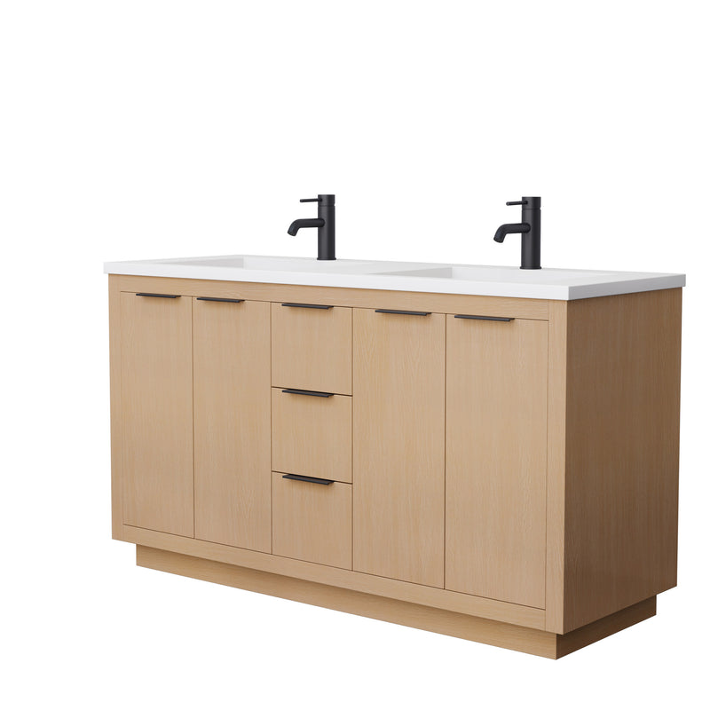 Wyndham Maroni 60" Double Bathroom Vanity In Light Straw Matte White Solid Surface In 1.25" Thickness Integrated Sinks Black Trims And No Mirror WCF282860DLBK1INTMXX