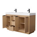 Wyndham Maroni 60" Double Bathroom Vanity In Light Straw Matte White Solid Surface In 4" Thickness Integrated Sinks Black Trims and No Mirror WCF282860DLBK4INTMXX