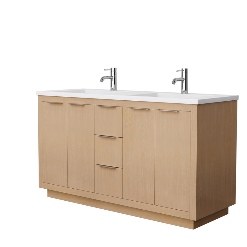 Wyndham Maroni 60" Double Bathroom Vanity In Light Straw Matte White Solid Surface In 1.25" Thickness Integrated Sinks And No Mirror WCF282860DLSK1INTMXX