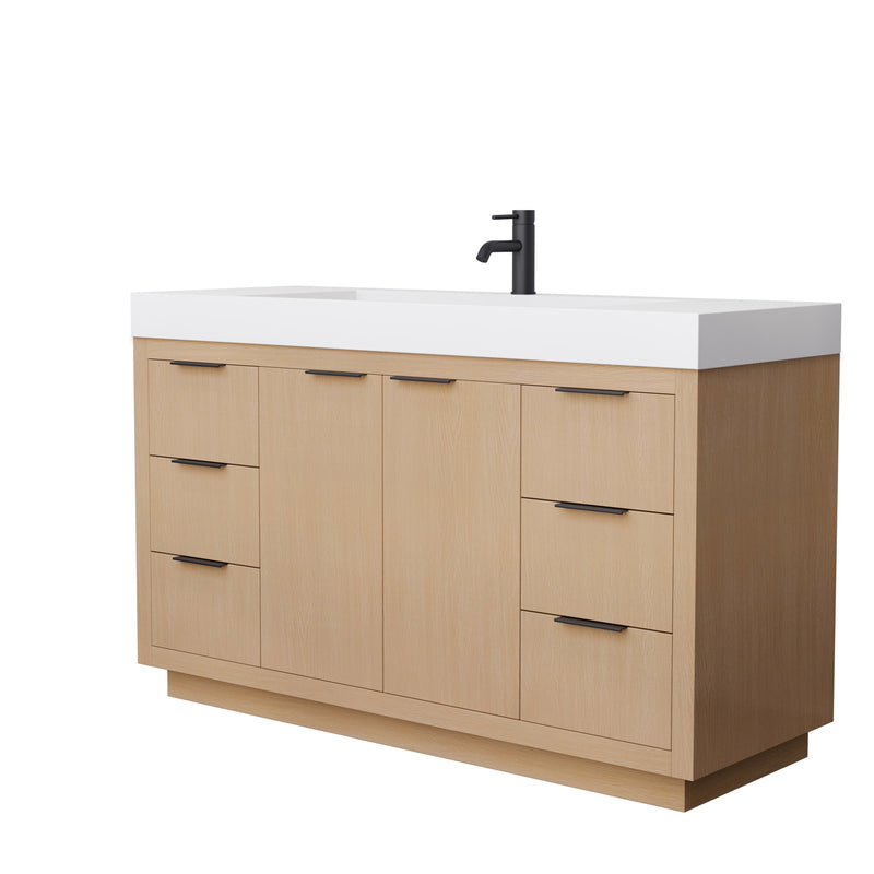 Wyndham Maroni 60" Single Bathroom Vanity In Light Straw Matte White Solid Surface In 4" Thickness Integrated Sink Black Trims And No Mirror WCF282860SLBK4INTMXX