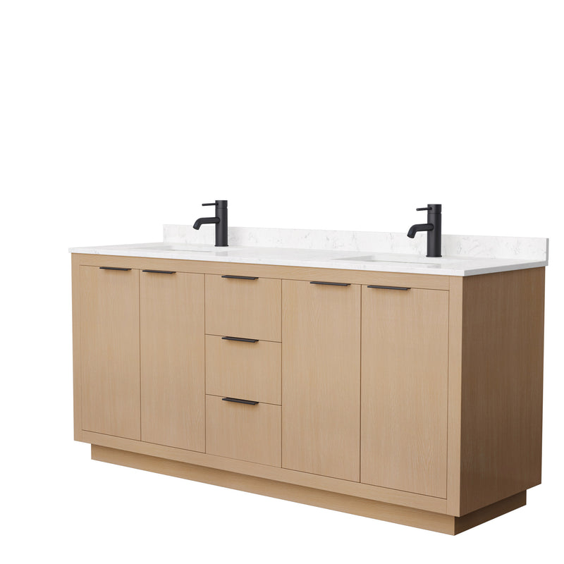 Wyndham Maroni 72" Double Bathroom Vanity In Light Straw Light-Vein Carrara Cultured Marble Countertop Undermount Square Sinks Black Trims And No Mirror WCF282872DLBC2UNSMXX