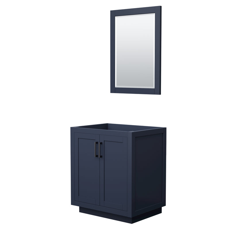 Wyndham Miranda 30" Single Bathroom Vanity In Dark Blue No Countertop No Sink Matte Black Trim 24" Mirror WCF292930SBBCXSXXM24