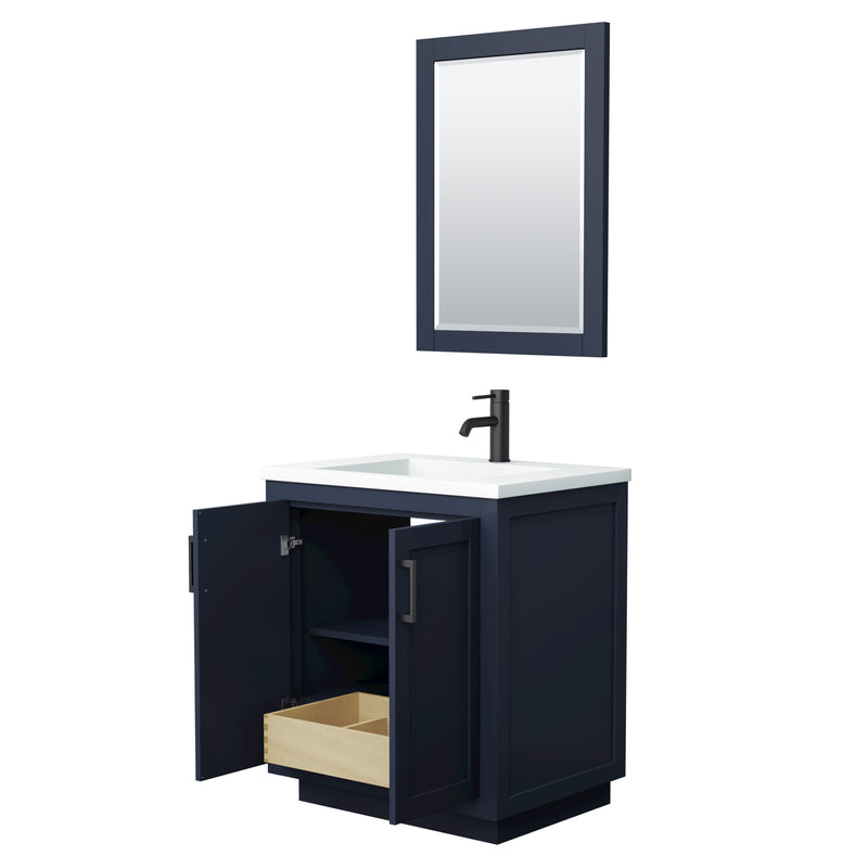 Wyndham Miranda 30" Single Bathroom Vanity In Dark Blue 1.25" Thick Matte White Solid Surface Countertop Integrated Sink Matte Black Trim 24" Mirror WCF292930SBBK1INTM24