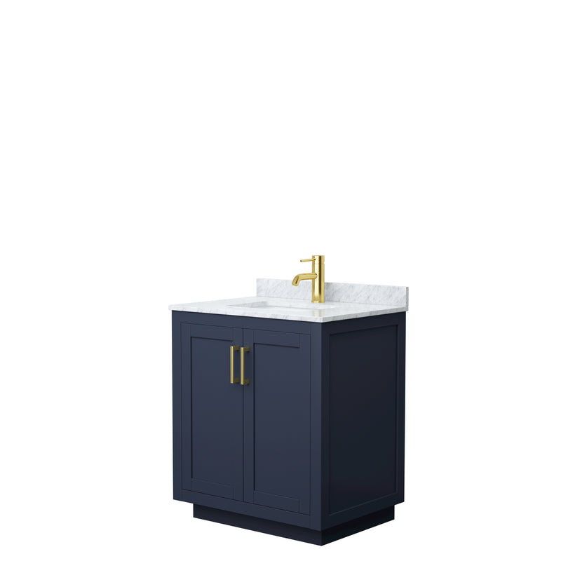 Wyndham Miranda 30" Single Bathroom Vanity In Dark Blue White Carrara Marble Countertop Undermount Square Sink Brushed Gold Trim WCF292930SBLCMUNSMXX