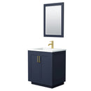 Wyndham Miranda 30" Single Bathroom Vanity In Dark Blue 1.25" Thick Matte White Solid Surface Countertop Integrated Sink Brushed Gold Trim 24" Mirror WCF292930SBLK1INTM24