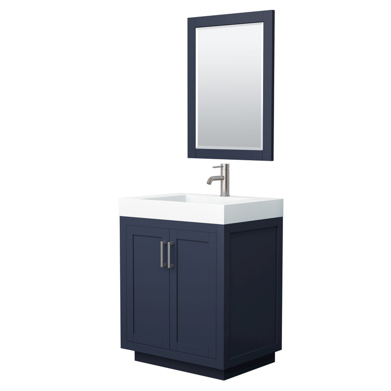 Wyndham Miranda 30" Single Bathroom Vanity In Dark Blue 4" Thick Matte White Solid Surface Countertop Integrated Sink Brushed Nickel Trim 24" Mirror WCF292930SBNK4INTM24