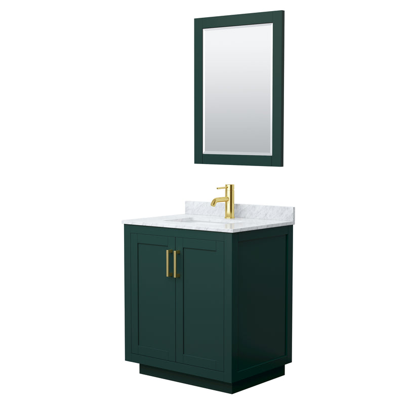 Wyndham Miranda 30" Single Bathroom Vanity In Green White Carrara Marble Countertop Undermount Square Sink Brushed Gold Trim 24" Mirror WCF292930SGDCMUNSM24