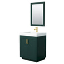 Wyndham Miranda 30" Single Bathroom Vanity In Green 4" Thick Matte White Solid Surface Countertop Integrated Sink Brushed Gold Trim 24" Mirror WCF292930SGDK4INTM24