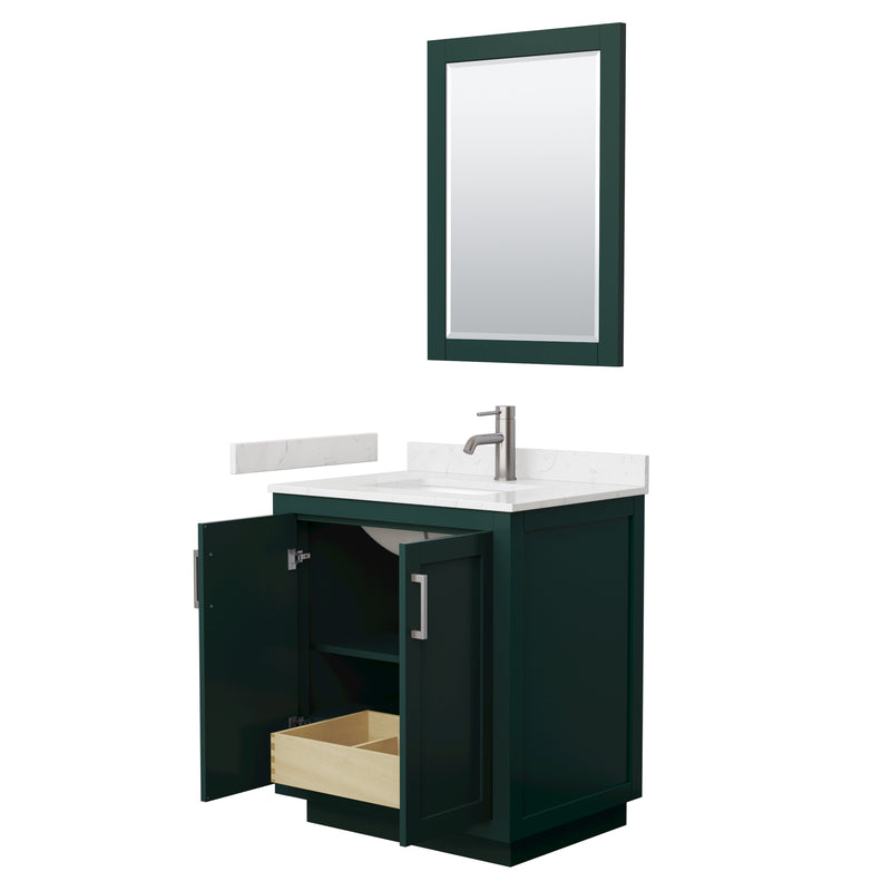 Wyndham Miranda 30" Single Bathroom Vanity In Green Light-Vein Carrara Cultured Marble Countertop Undermount Square Sink Brushed Nickel Trim 24" Mirror WCF292930SGEC2UNSM24