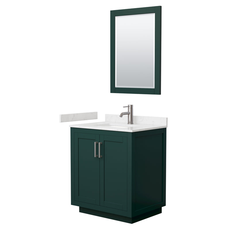 Wyndham Miranda 30" Single Bathroom Vanity In Green Light-Vein Carrara Cultured Marble Countertop Undermount Square Sink Brushed Nickel Trim 24" Mirror WCF292930SGEC2UNSM24