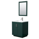Wyndham Miranda 30" Single Bathroom Vanity In Green 1.25" Thick Matte White Solid Surface Countertop Integrated Sink Brushed Nickel Trim 24" Mirror WCF292930SGEK1INTM24