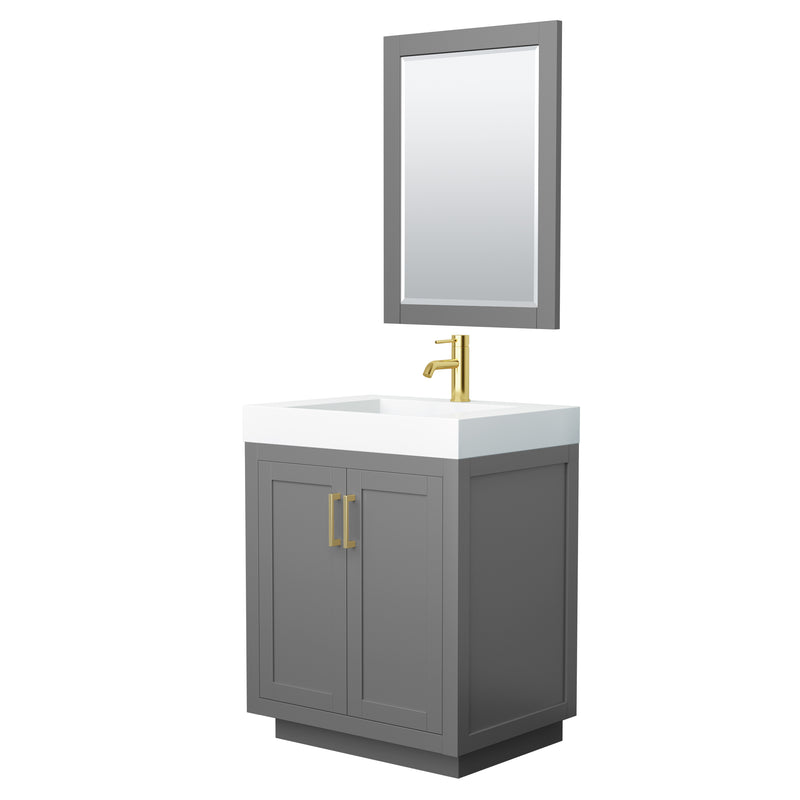 Wyndham Miranda 30" Single Bathroom Vanity In Dark Gray 4" Thick Matte White Solid Surface Countertop Integrated Sink Brushed Gold Trim 24" Mirror WCF292930SGGK4INTM24