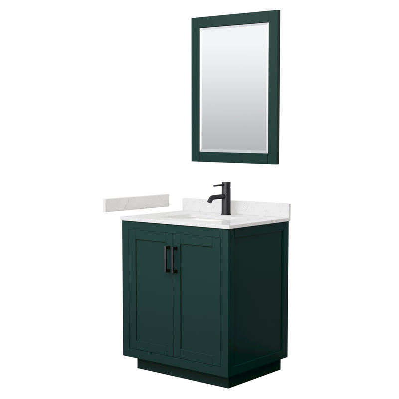 Wyndham Miranda 30" Single Bathroom Vanity In Green Light-Vein Carrara Cultured Marble Countertop Undermount Square Sink Matte Black Trim 24" Mirror WCF292930SGKC2UNSM24