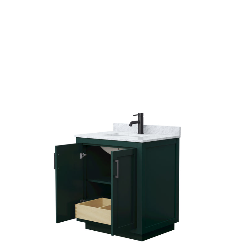 Wyndham Miranda 30" Single Bathroom Vanity In Green White Carrara Marble Countertop Undermount Square Sink Matte Black Trim WCF292930SGKCMUNSMXX