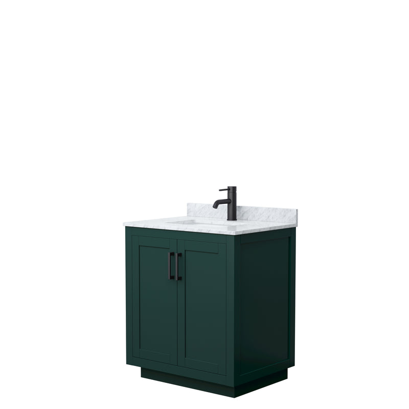 Wyndham Miranda 30" Single Bathroom Vanity In Green White Carrara Marble Countertop Undermount Square Sink Matte Black Trim WCF292930SGKCMUNSMXX