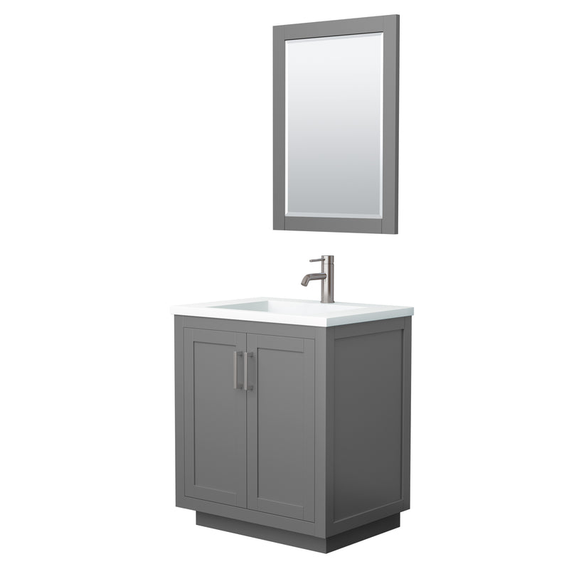 Wyndham Miranda 30" Single Bathroom Vanity In Dark Gray 1.25" Thick Matte White Solid Surface Countertop Integrated Sink Brushed Nickel Trim 24" Mirror WCF292930SKGK1INTM24