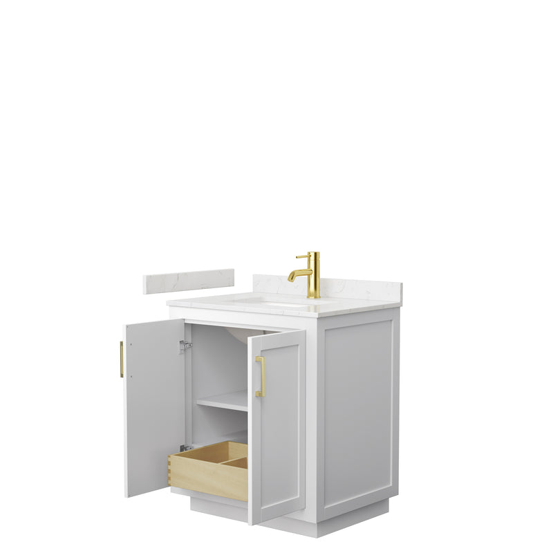 Wyndham Miranda 30" Single Bathroom Vanity In White Light-Vein Carrara Cultured Marble Countertop Undermount Square Sink Brushed Gold Trim WCF292930SWGC2UNSMXX