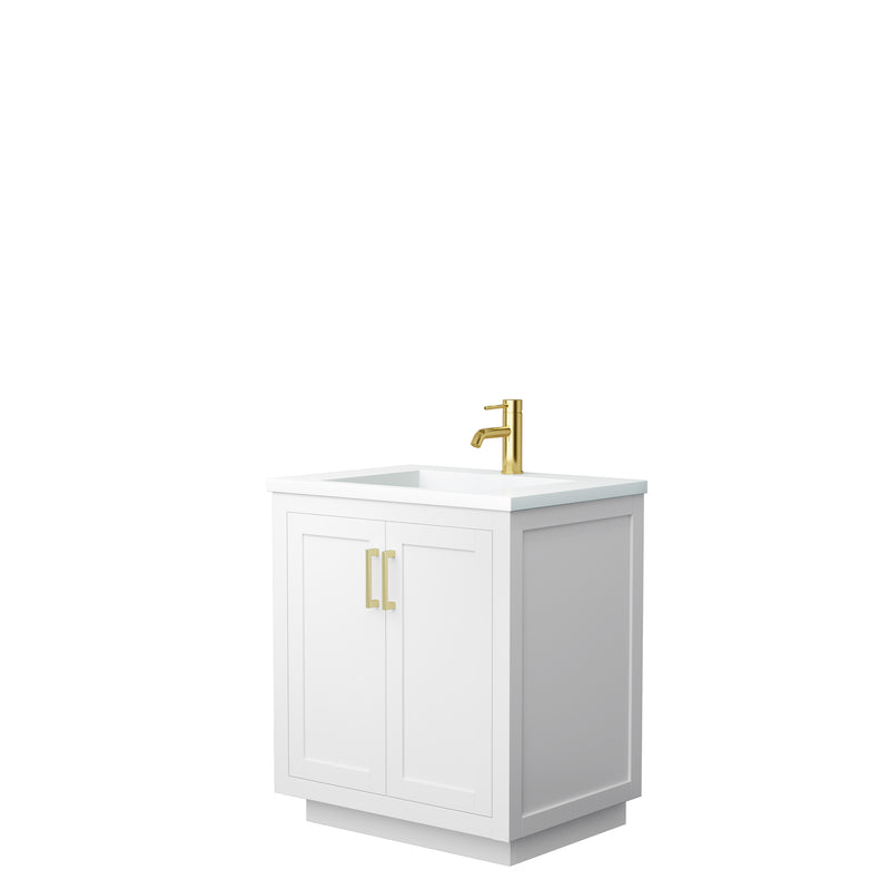 Wyndham Miranda 30" Single Bathroom Vanity In White 1.25" Thick Matte White Solid Surface Countertop Integrated Sink Brushed Gold Trim WCF292930SWGK1INTMXX