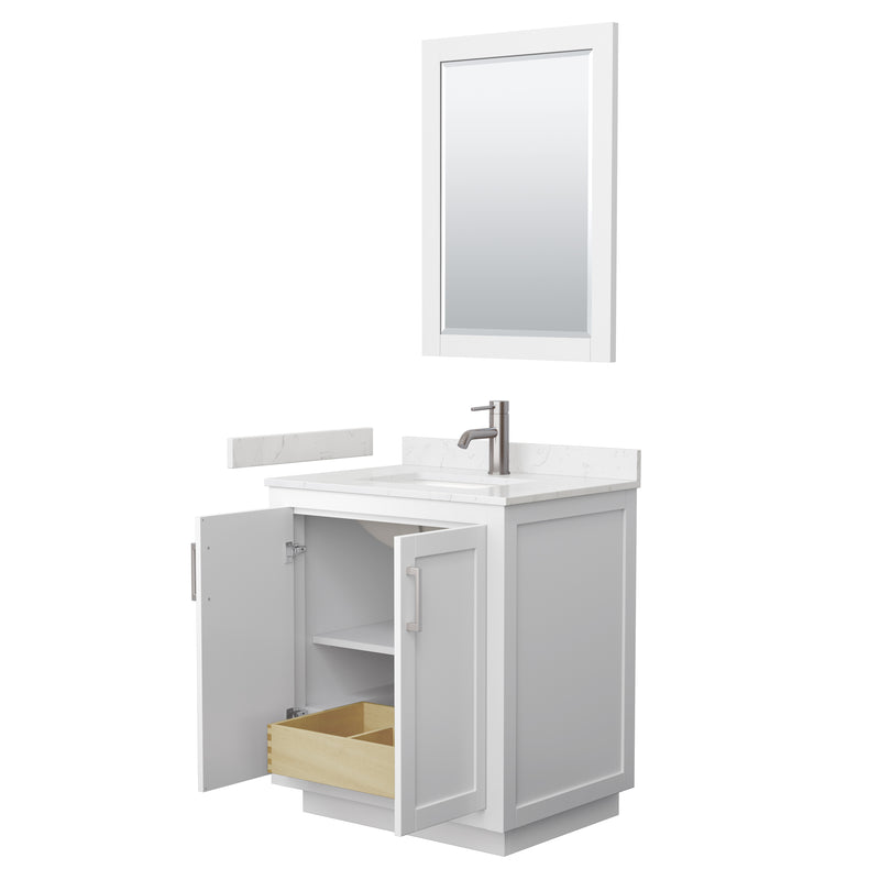 Wyndham Miranda 30" Single Bathroom Vanity In White Light-Vein Carrara Cultured Marble Countertop Undermount Square Sink Brushed Nickel Trim 24" Mirror WCF292930SWHC2UNSM24