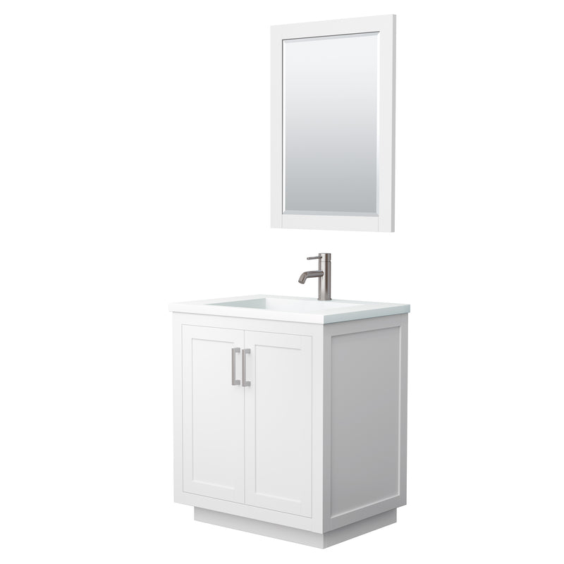 Wyndham Miranda 30" Single Bathroom Vanity In White 1.25" Thick Matte White Solid Surface Countertop Integrated Sink Brushed Nickel Trim 24" Mirror WCF292930SWHK1INTM24