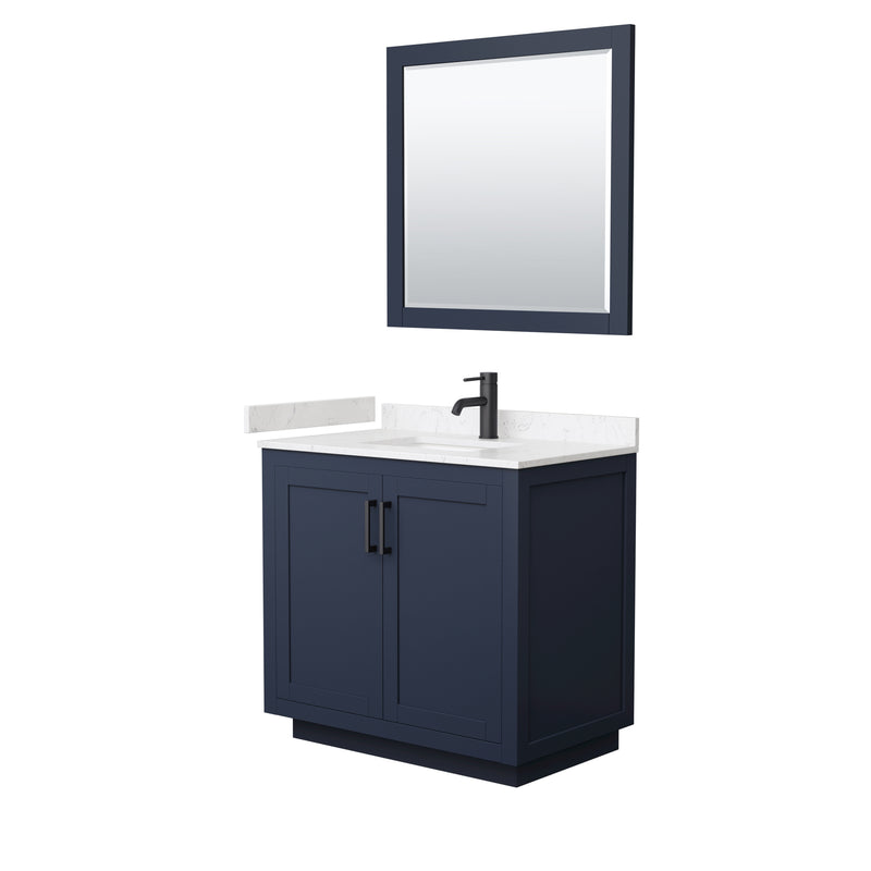 Wyndham Miranda 36" Single Bathroom Vanity In Dark Blue Light-Vein Carrara Cultured Marble Countertop Undermount Square Sink Black Trims And 34" Mirror WCF292936SBBC2UNSM34