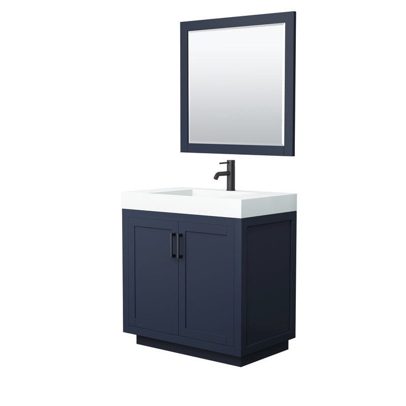 Wyndham Miranda 36" Single Bathroom Vanity In Dark Blue Matte White Solid Surface In 4" Thickness Integrated Sink Black Trims And 34" Mirror WCF292936SBBK4INTM34