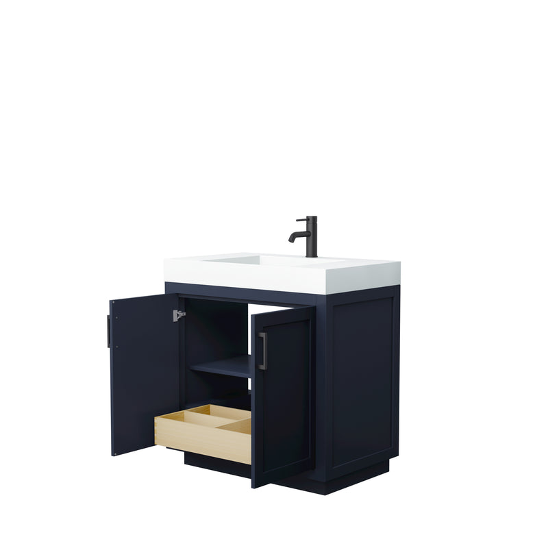 Wyndham Miranda 36" Single Bathroom Vanity In Dark Blue Matte White Solid Surface In 4" Thickness Integrated Sink Black Trims and No Mirror WCF292936SBBK4INTMXX