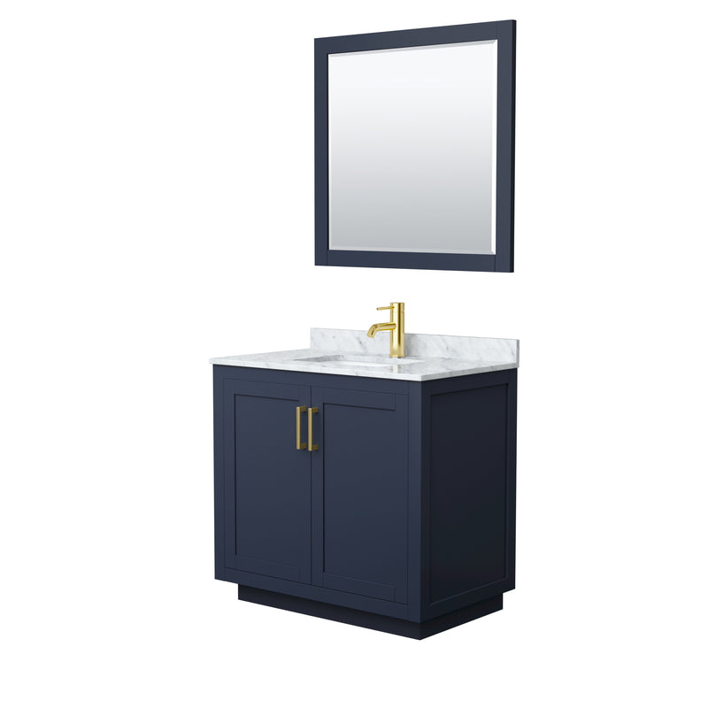 Wyndham Miranda 36" Single Bathroom Vanity In Dark Blue White Carrara Marble Countertop Undermount Square Sink Brushed Gold Trims And 34" Mirror WCF292936SBLCMUNSM34