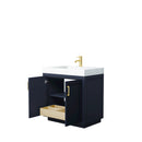 Wyndham Miranda 36" Single Bathroom Vanity In Dark Blue Matte White Solid Surface In 4" Thickness Integrated Sink Brushed Gold Trims and No Mirror WCF292936SBLK4INTMXX