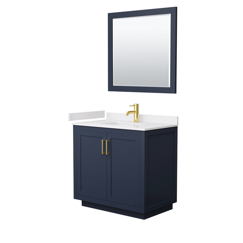 Wyndham Miranda 36" Single Bathroom Vanity In Dark Blue White Cultured Marble Countertop Undermount Square Sink Brushed Gold Trims And 34" Mirror WCF292936SBLWCUNSM34