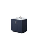 Wyndham Miranda 36" Single Bathroom Vanity In Dark Blue White Carrara Marble Countertop Undermount Square Sink Brushed Nickel Trims And No Mirror WCF292936SBNCMUNSMXX