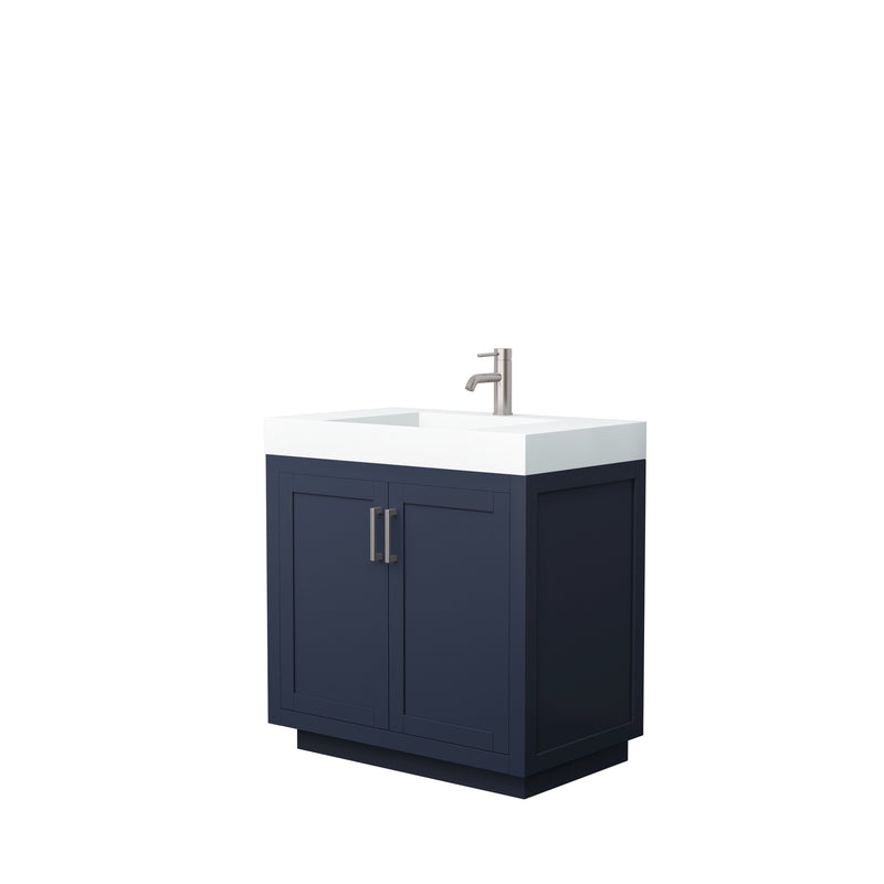 Wyndham Miranda 36" Single Bathroom Vanity In Dark Blue Matte White Solid Surface In 4" Thickness Integrated Sink Brushed Nickel Trims And No Mirror WCF292936SBNK4INTMXX