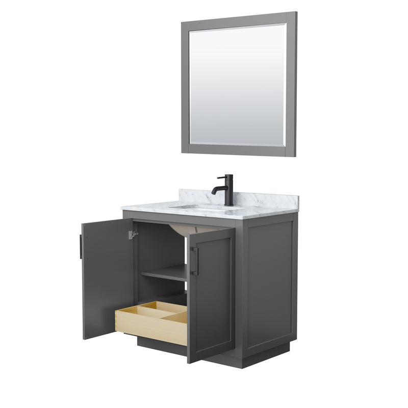 Wyndham Miranda 36" Single Bathroom Vanity In Dark Gray White Carrara Marble Countertop Undermount Square Sink Black Trims and 34" Mirror WCF292936SGBCMUNSM34