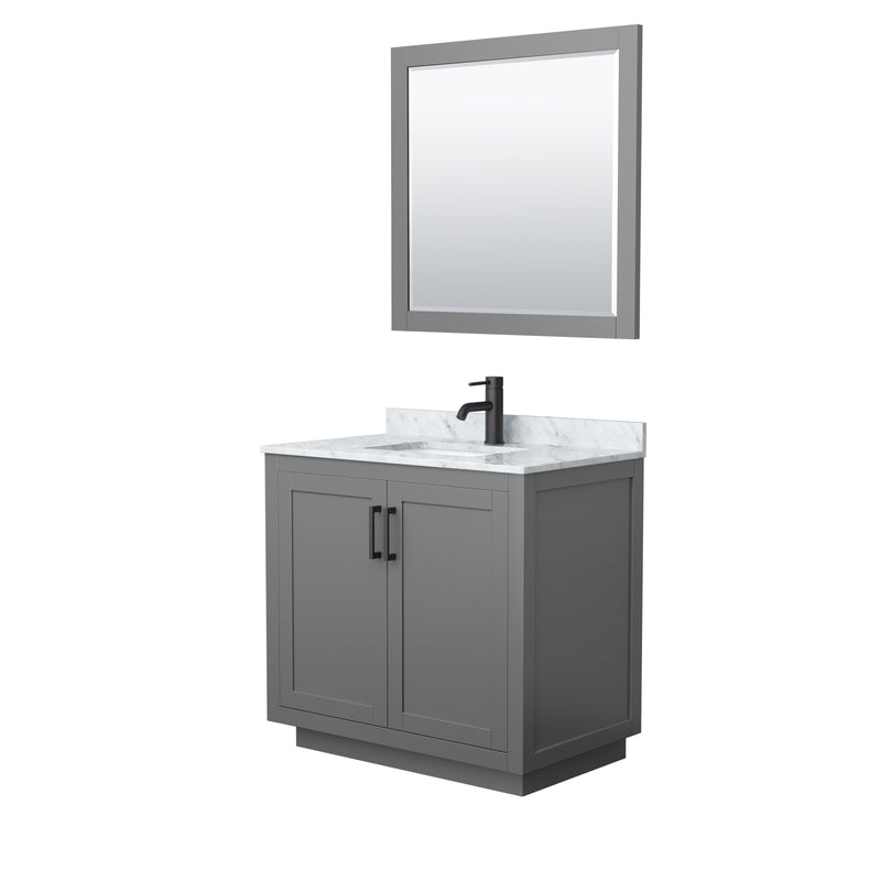 Wyndham Miranda 36" Single Bathroom Vanity In Dark Gray White Carrara Marble Countertop Undermount Square Sink Black Trims And 34" Mirror WCF292936SGBCMUNSM34