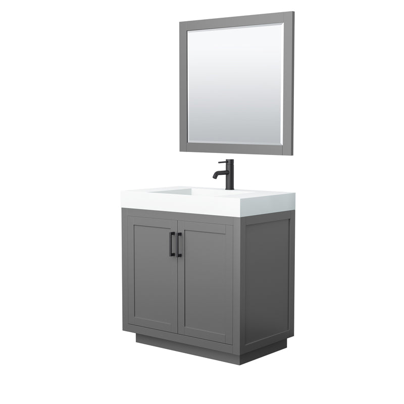 Wyndham Miranda 36" Single Bathroom Vanity In Dark Gray Matte White Solid Surface In 4" Thickness Integrated Sink Black Trims And 34" Mirror WCF292936SGBK4INTM34