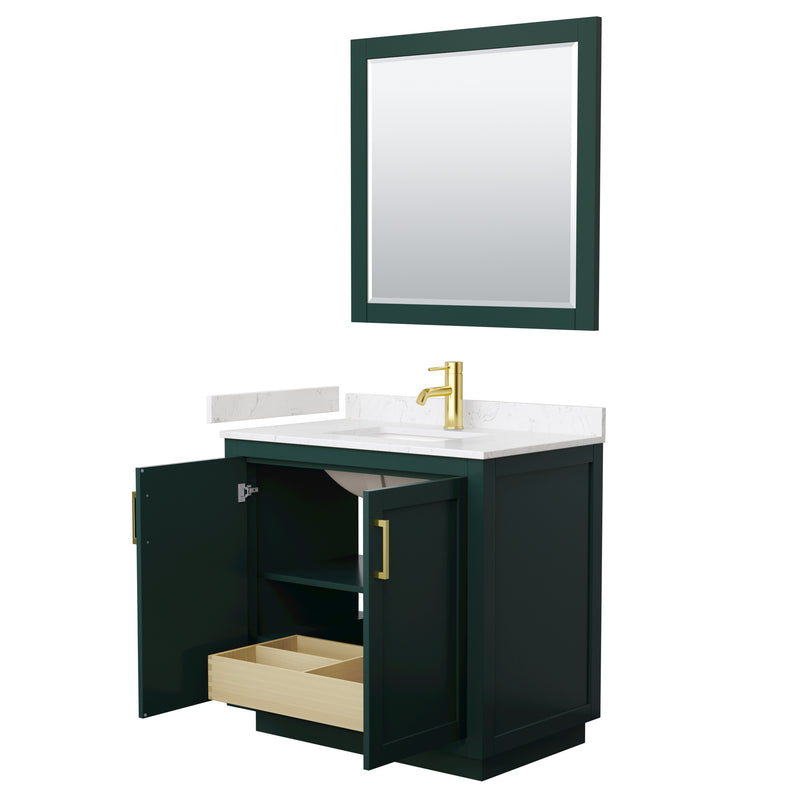 Wyndham Miranda 36" Single Bathroom Vanity In Green Light-Vein Carrara Cultured Marble Countertop Undermount Square Sink Brushed Gold Trim 34" Mirror WCF292936SGDC2UNSM34