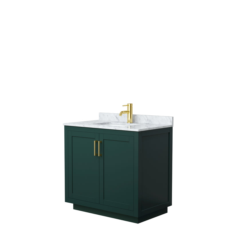 Wyndham Miranda 36" Single Bathroom Vanity In Green White Carrara Marble Countertop Undermount Square Sink Brushed Gold Trim WCF292936SGDCMUNSMXX