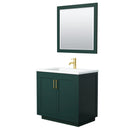 Wyndham Miranda 36" Single Bathroom Vanity In Green 1.25" Thick Matte White Solid Surface Countertop Integrated Sink Brushed Gold Trim 34" Mirror WCF292936SGDK1INTM34