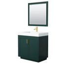 Wyndham Miranda 36" Single Bathroom Vanity In Green 4" Thick Matte White Solid Surface Countertop Integrated Sink Brushed Gold Trim 34" Mirror WCF292936SGDK4INTM34