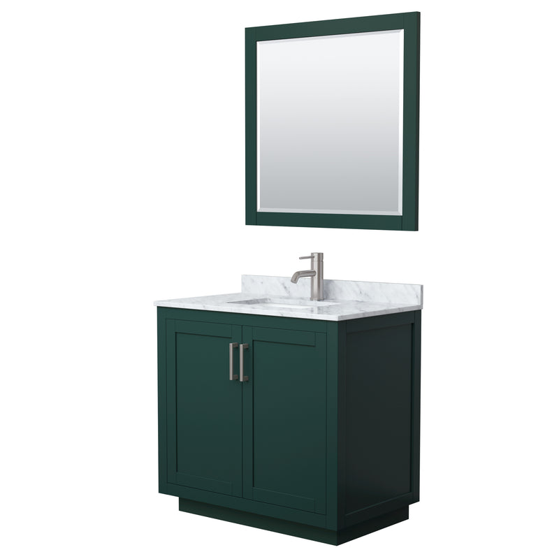 Wyndham Miranda 36" Single Bathroom Vanity In Green White Carrara Marble Countertop Undermount Square Sink Brushed Nickel Trim 34" Mirror WCF292936SGECMUNSM34