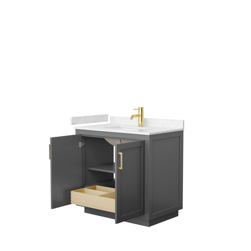 Wyndham Miranda 36" Single Bathroom Vanity In Dark Gray Light-Vein Carrara Cultured Marble Countertop Undermount Square Sink Brushed Gold Trims and No Mirro WCF292936SGGC2UNSMXX